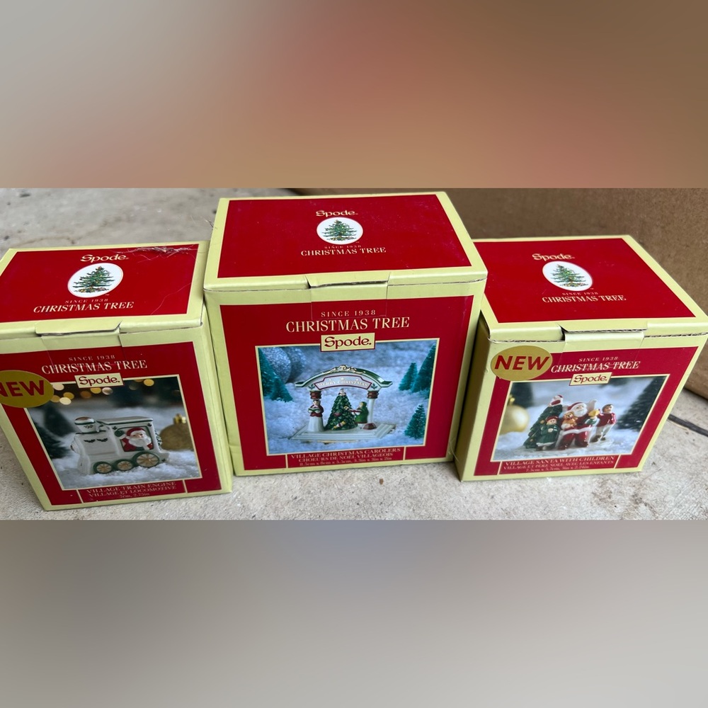 Spode Christmas Tree Village Train Engine, Christmas Carolers, Santa w/ Children